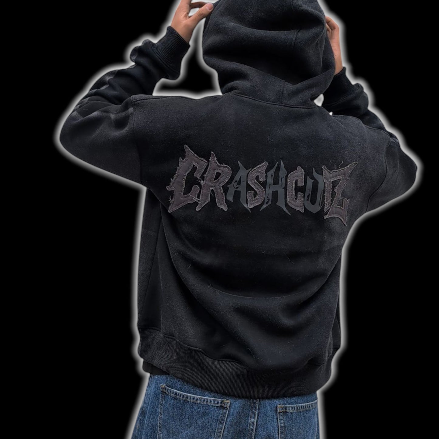 CrashCutz black heavyweight 100% cotton hoodie with distressed embroidery and double-layer hood. Oversized fit.