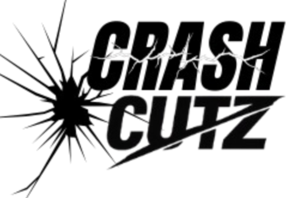 Logo of 'CRASH CUTZ' with a black cracked glass design on a white background