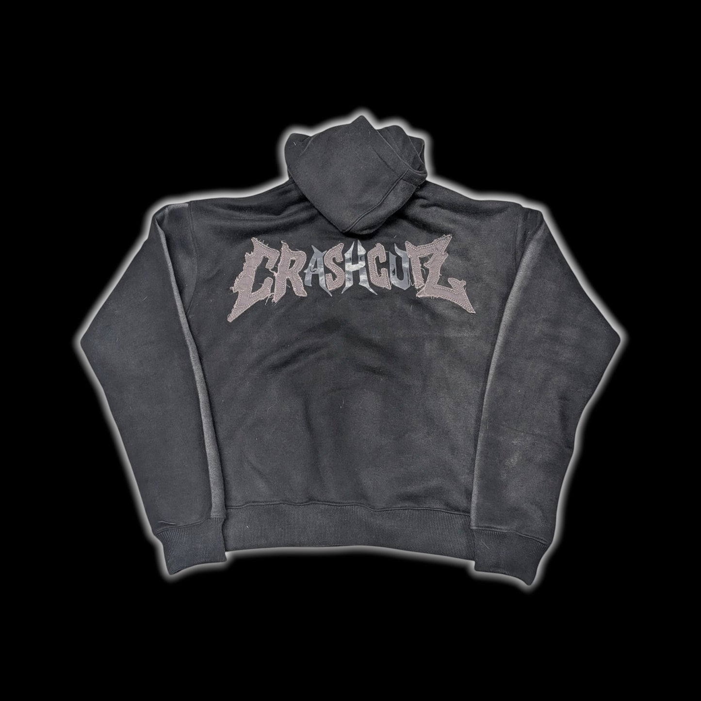 CrashCutz black heavyweight 100% cotton distressed hoodie with textured front embroidery and double-layer hood.