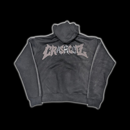CrashCutz black heavyweight 100% cotton distressed hoodie with textured front embroidery and double-layer hood.