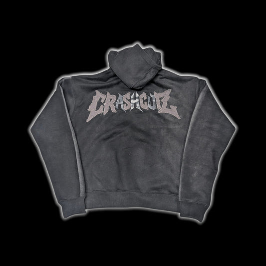 CrashCutz black heavyweight 100% cotton distressed hoodie with textured front embroidery and double-layer hood.