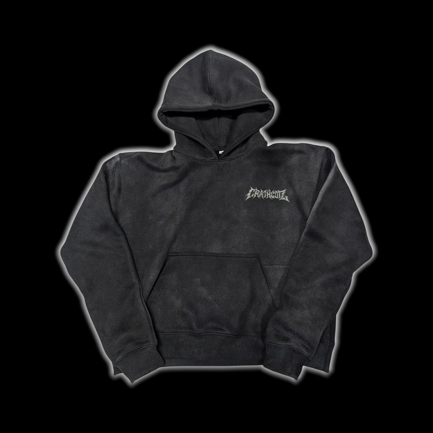 CrashCutz black heavyweight 100% cotton distressed hoodie with textured front embroidery and double-layer hood.