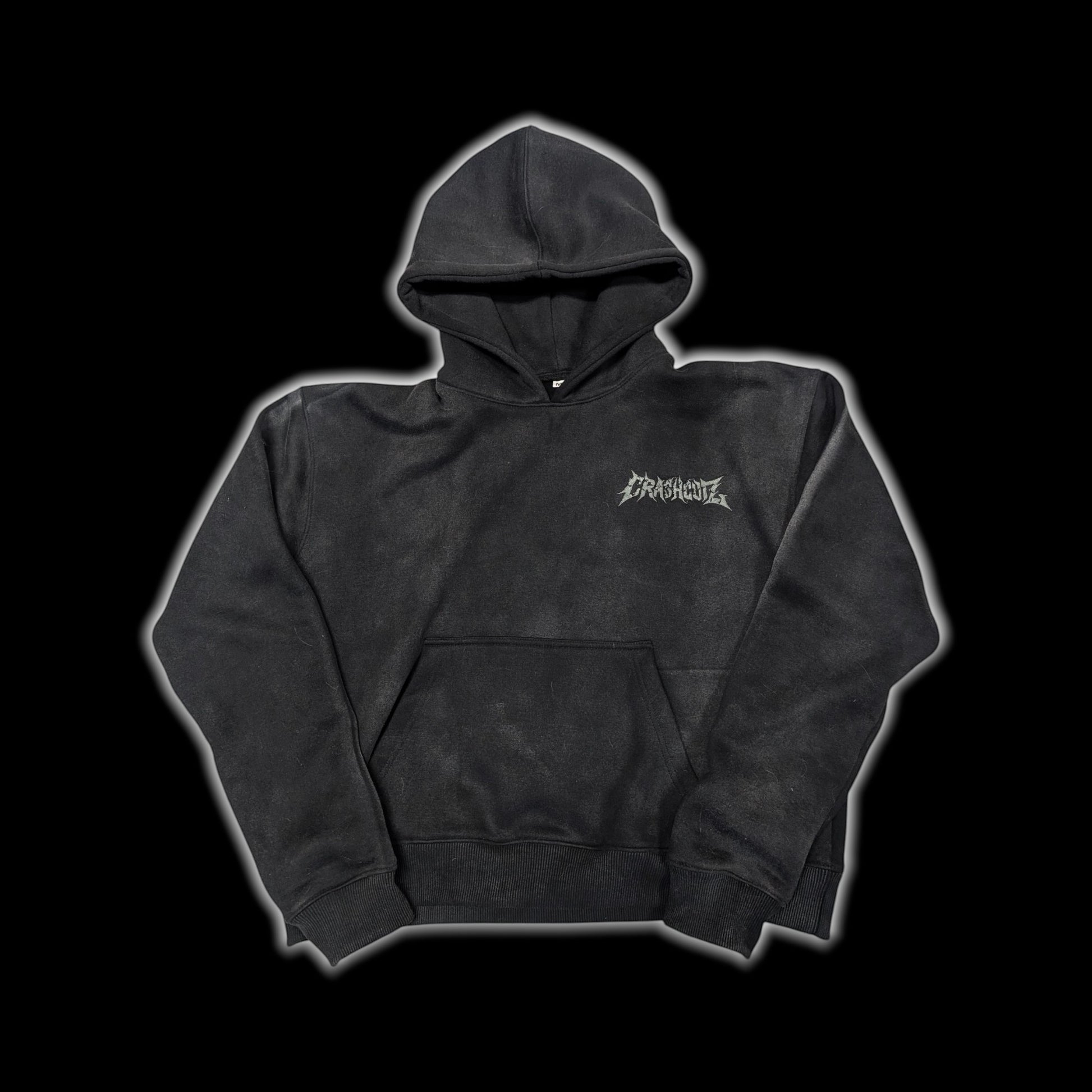 CrashCutz black heavyweight 100% cotton distressed hoodie with textured front embroidery and double-layer hood.