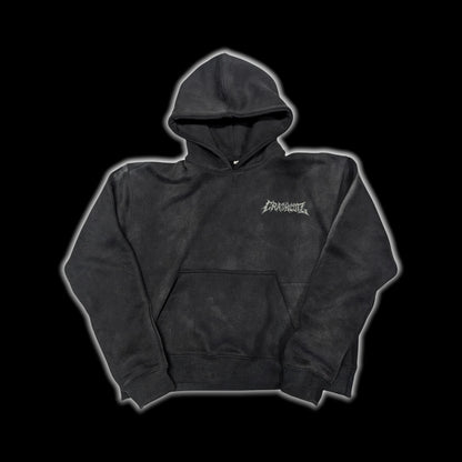 CrashCutz black heavyweight 100% cotton distressed hoodie with textured front embroidery and double-layer hood.
