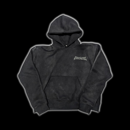 CrashCutz black heavyweight 100% cotton distressed hoodie with textured front embroidery and double-layer hood.