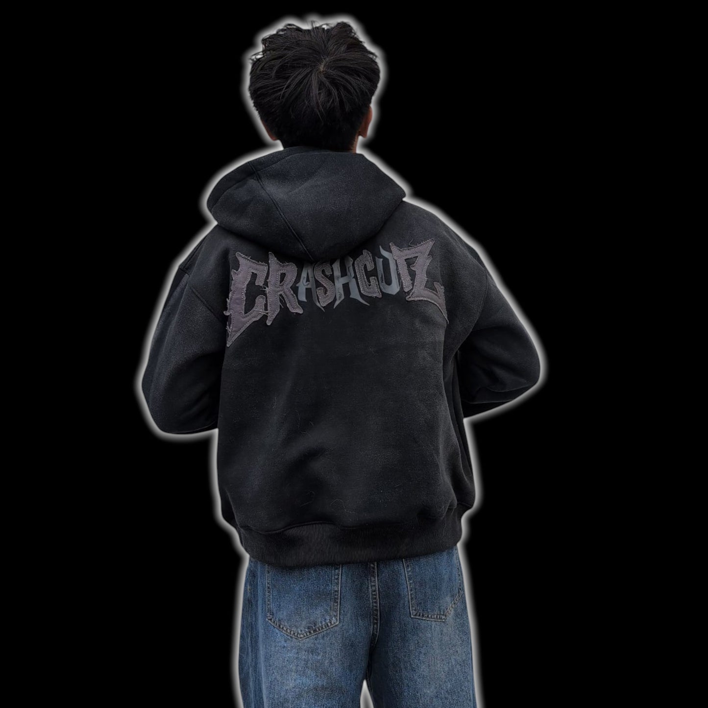 CrashCutz black heavyweight 100% cotton distressed hoodie with textured front embroidery and oversized fit.