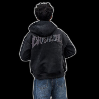 CrashCutz black heavyweight 100% cotton distressed hoodie with textured front embroidery and oversized fit.